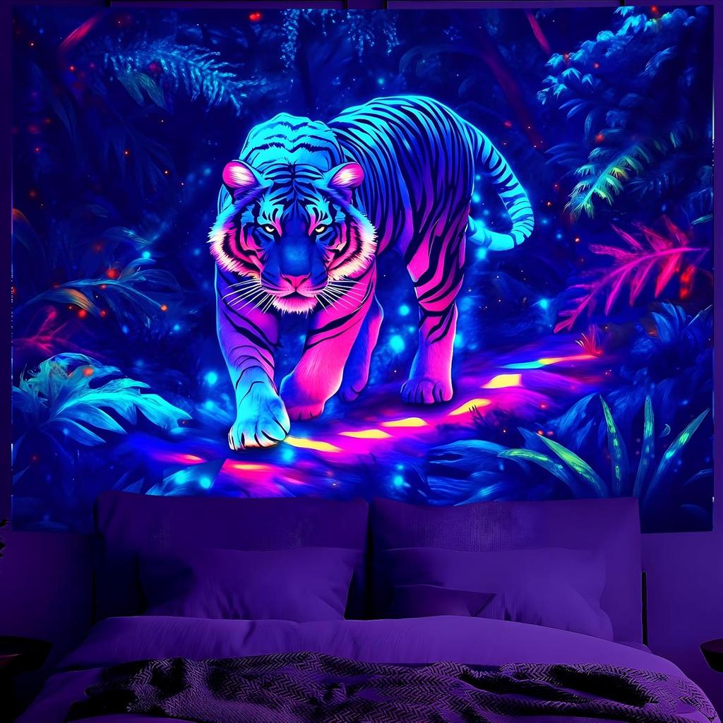 BVBOX Blacklight Animal Wolf Tapestry Iridescent Mountain Top Wolf Tapestry Glow In The Dark, UV Reactive Black Light U