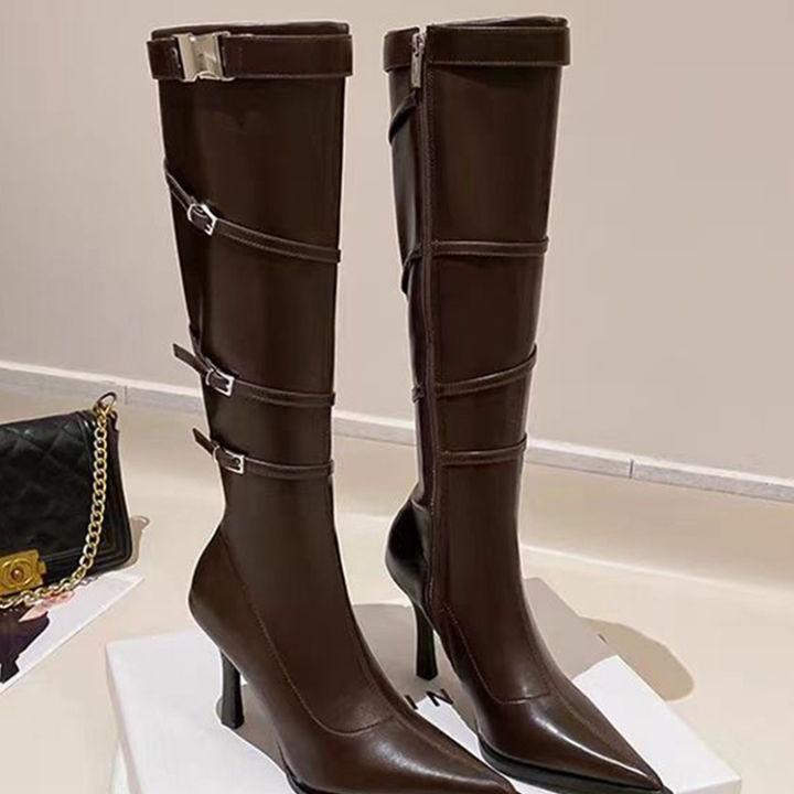 Brown retro long boots 2025 new pointed high heel side zipper fashion boots female sexy babes long boots