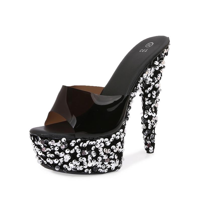 Fashion 15Cm Nightclub Sex Girl Shoes Waterproof Platform Roman Fish-mouth Lady Ultra-high Heel Slippers