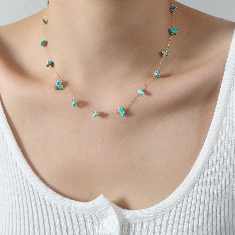 Collana clavicola in Acciaio Titanio Oro 18K Turchese - Gioiello di Lusso Francese Versatile per Donne