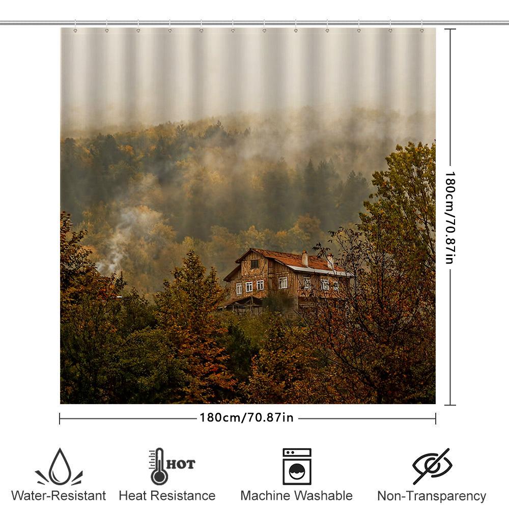 Autumn Forest House Shower Curtain: Foggy Morning In The Woods With Fireplace Smoke Fall Decor For Bathrooms