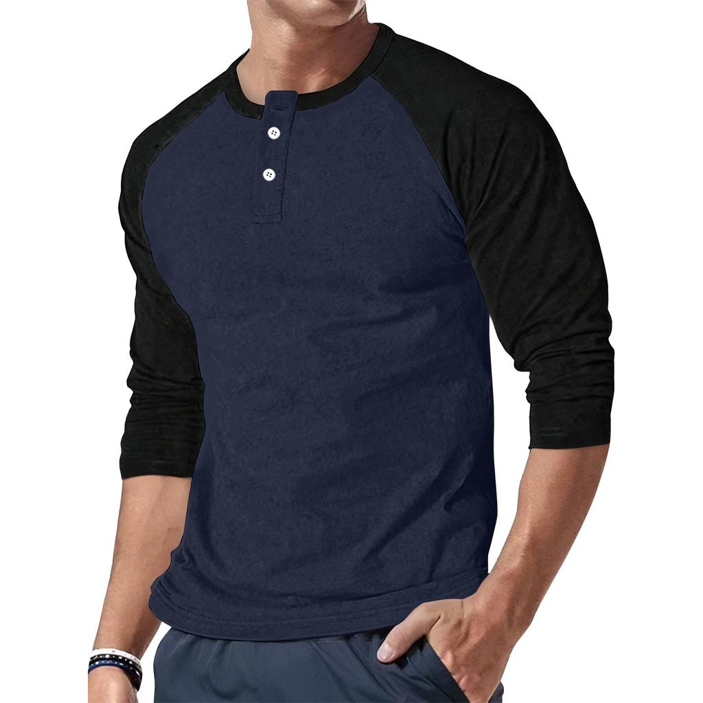Men's Casual Button-neck Two-tone Shoulder Long Sleeve Top