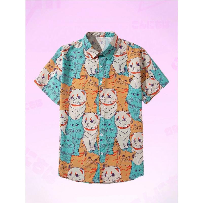 2026 New Fashionable Hawaiian Men's Cute Cat Printed Casual Harajuku Short Sleeved Shirt