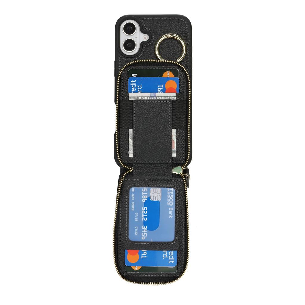 For iPhone 16 Plus Case with Zipper Pouch/Ring Kickstand/Strap Litchi Texture PU + TPU Phone Cover