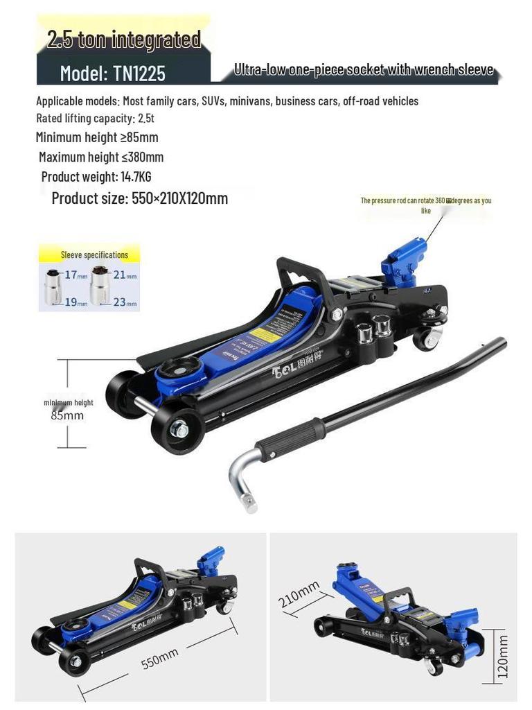 Horizontal Hydraulic Jack for Auto Repair: 3, 4, 5 Ton Capacity - Ideal for Small Cars, Trucks, and Tire Changes.