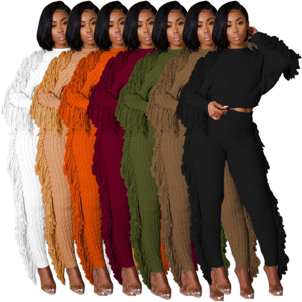 Women's Off Shoulder Long Sleeve Knit Two Piece Set Fringe Crop Top High Waist Wide Leg Pants Solid Geometric Knitted Tracksuit