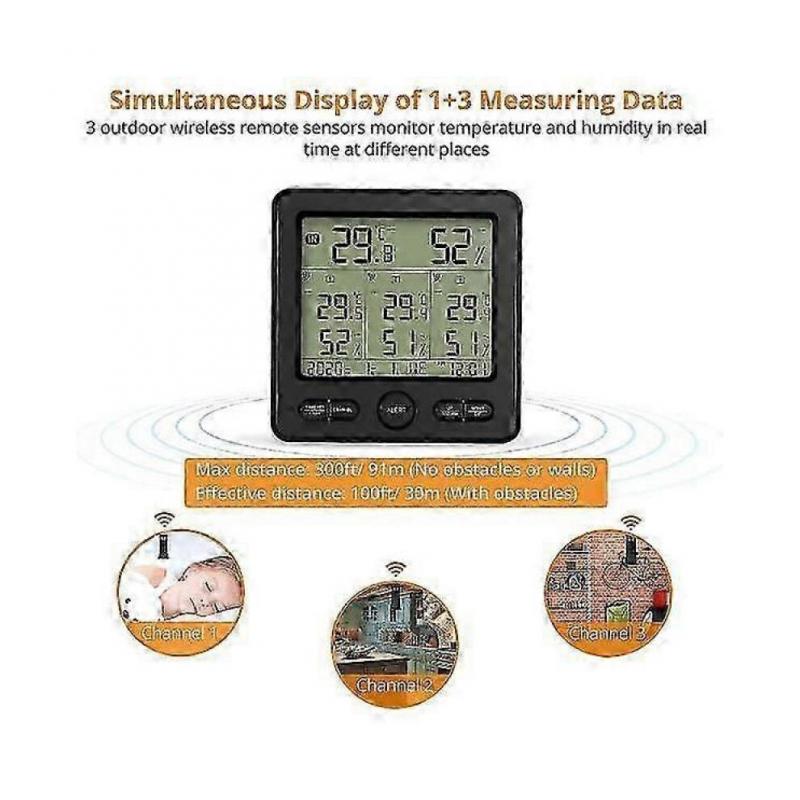 Wireless Weather Station with 3 Outdoor Sensors - Digital Indoor/outdoor Thermometer And Hygrometer - Backlight And Audible Alerts