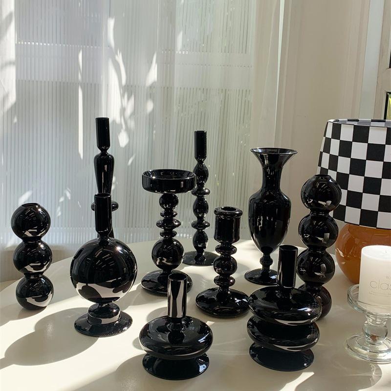 Nordic Black Glass Candle Holder: Luxurious Home Decor for Living Room Desktop