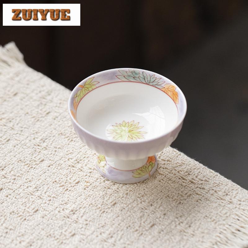 80ml Hand-painted Flowers High Foot Teacup Elegant Tea Bowl Tea Pair Tea-tasting Fragrance Cup Chazhan Master Cups Tea Services