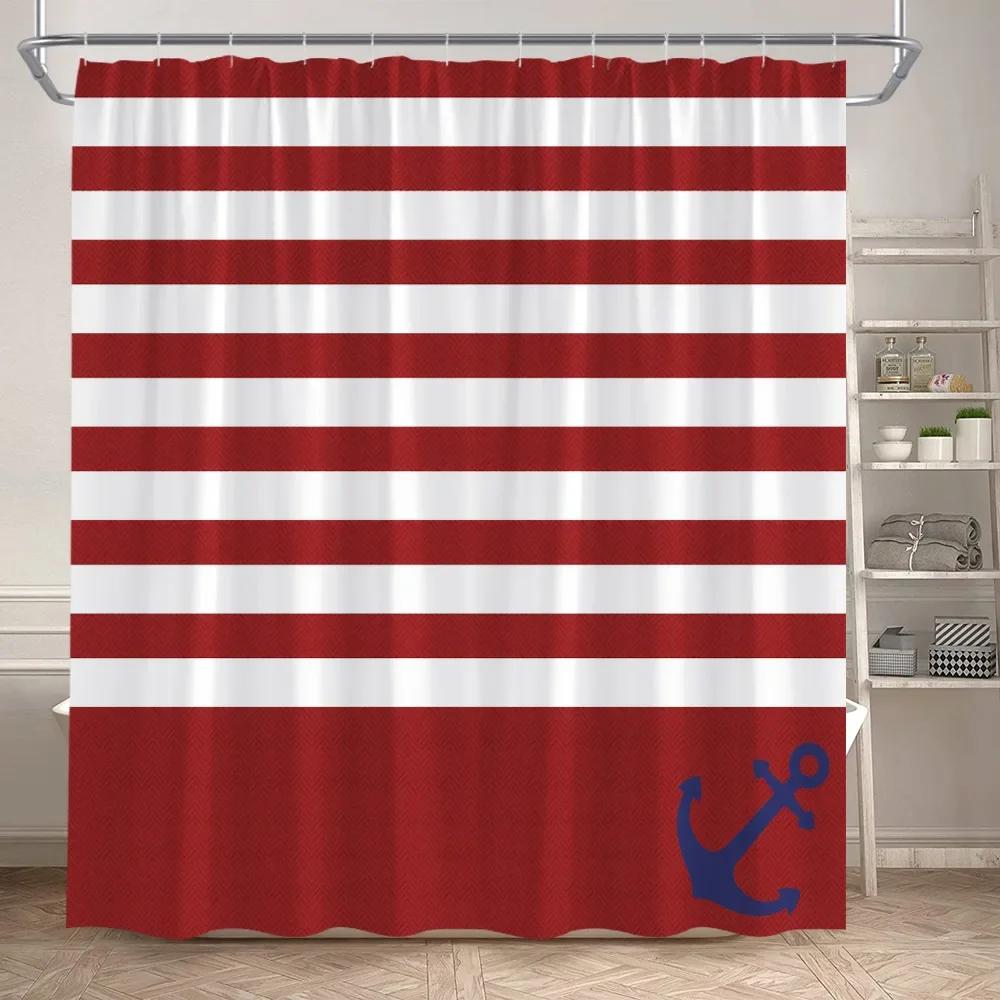 Blue And White Striped Shower Curtain Modern Geometric Nautical Anchor Bath Curtains Polyester Fabric Bathroom Decor with Hooks