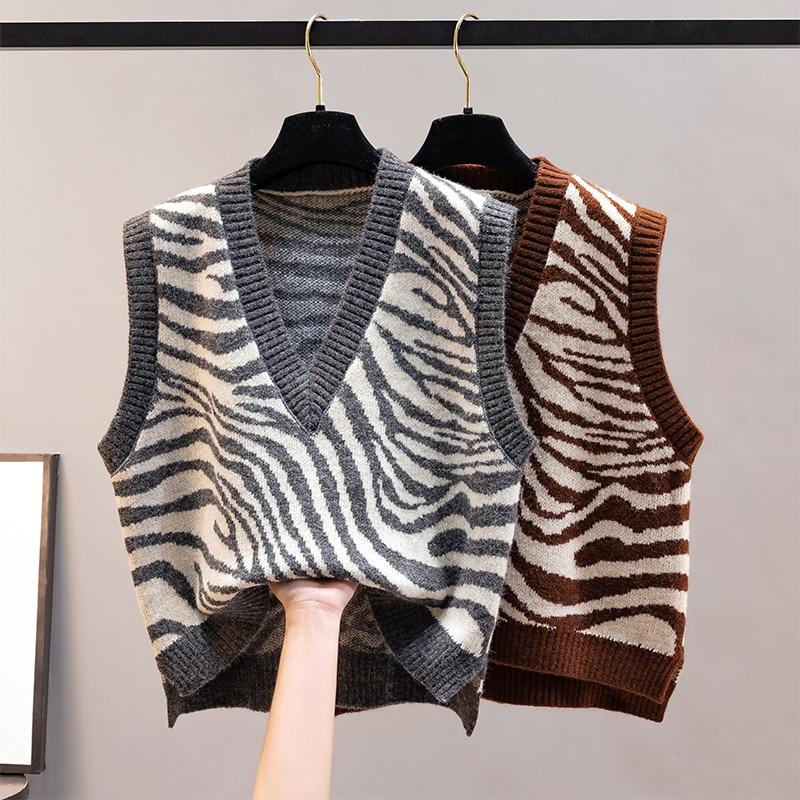 

V-Neck Knitted Vest Women Zebra Pattern Sleeveless Sweaters Waistcoat for Outwear Spring Autumn one size чорний