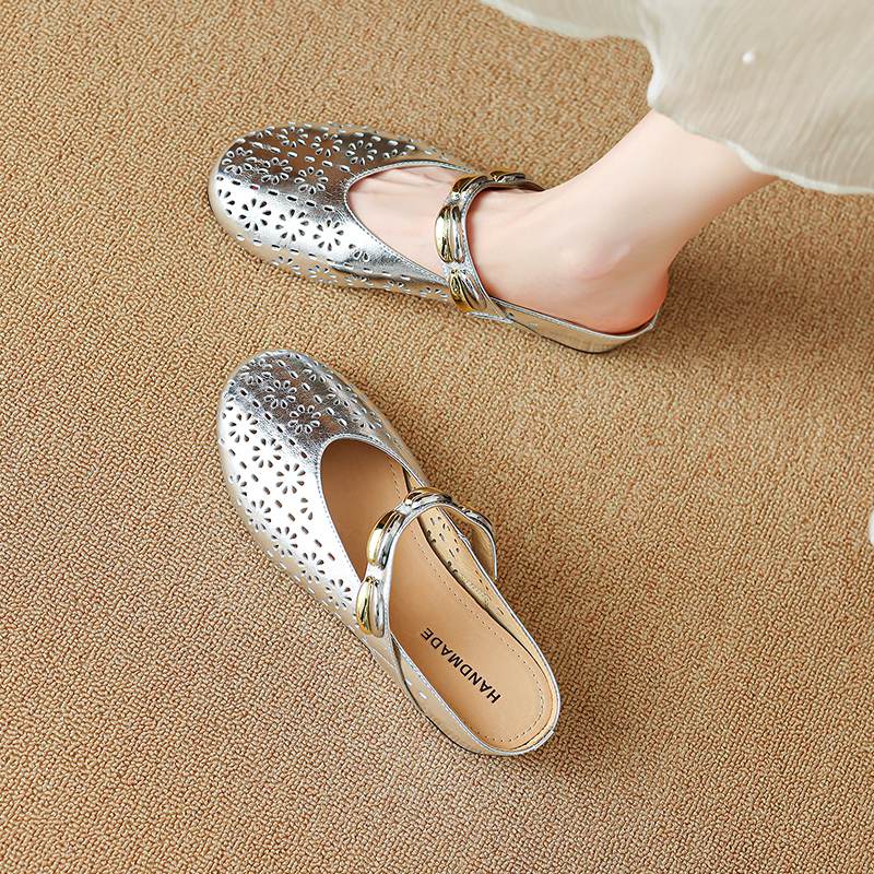Krazing Pot Cow Skin Mules Round Toe Size 42 Low Heels Slip On Light Shoes Increased Hollow Style Autumn Pumps