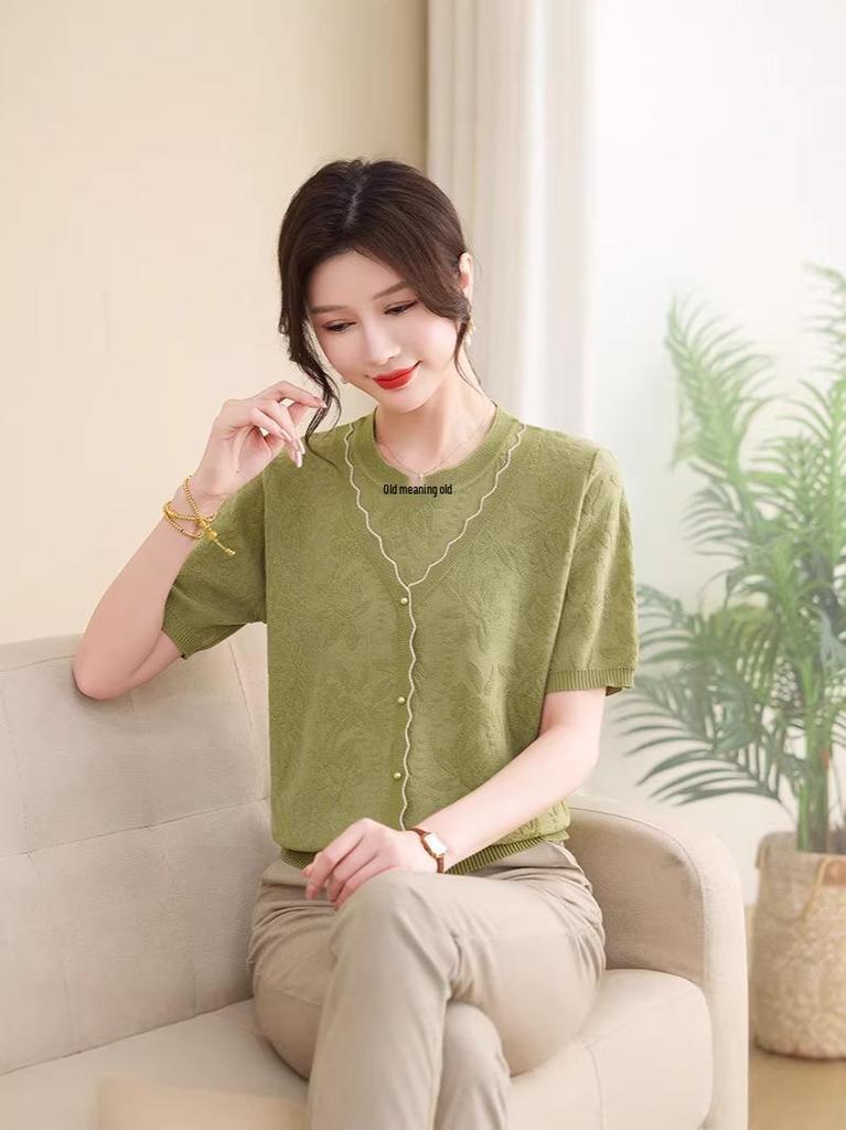 Mom's Summer Ice Silk Lace Knit V-Neck Cardigan - Women's Stylish Age-Reducing Short-Sleeve Top