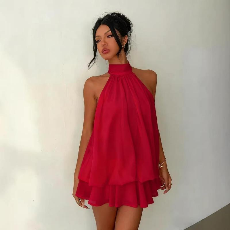 Women's Halter Neck Backless Mini Dress Sleeveless Layered Ruffle A Line Solid Color Summer Vacation Dress