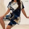 Women Plus Size Two Piece Outfit Crew Neck Short Sleeve Side Slit Top And Biker Shorts Rainbow Heart Print Set