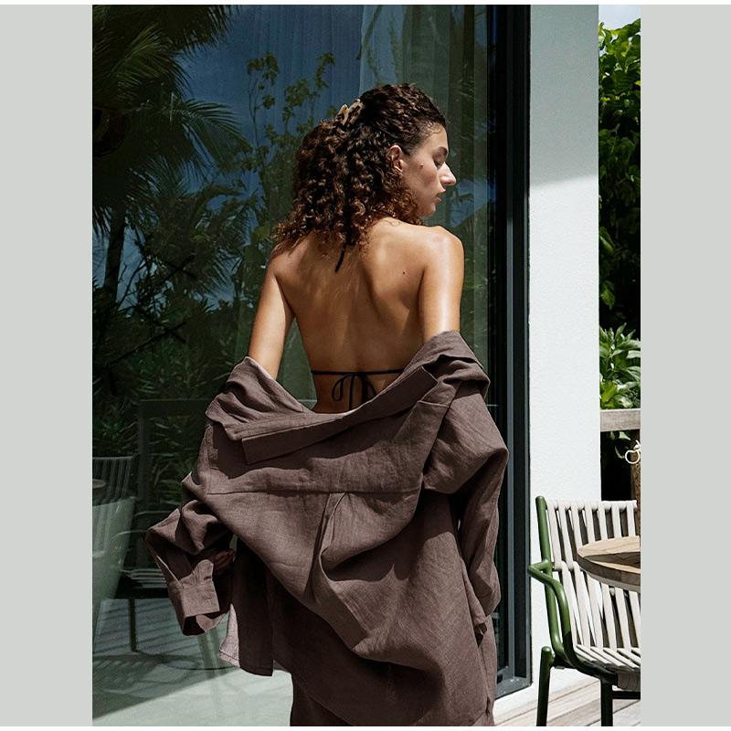 Bavlněná lněná dámská kalhotová souprava ležérní volná jednobarevná knoflíková košile kalhoty outfit léto dámský denní šik volné kalhoty oblek nový