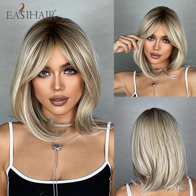 Pelucas sintéticas de raíz marrón para mujer, pelo Natural de longitud media, Rubio degradado, Cosplay, con flequillo, resistente al calor