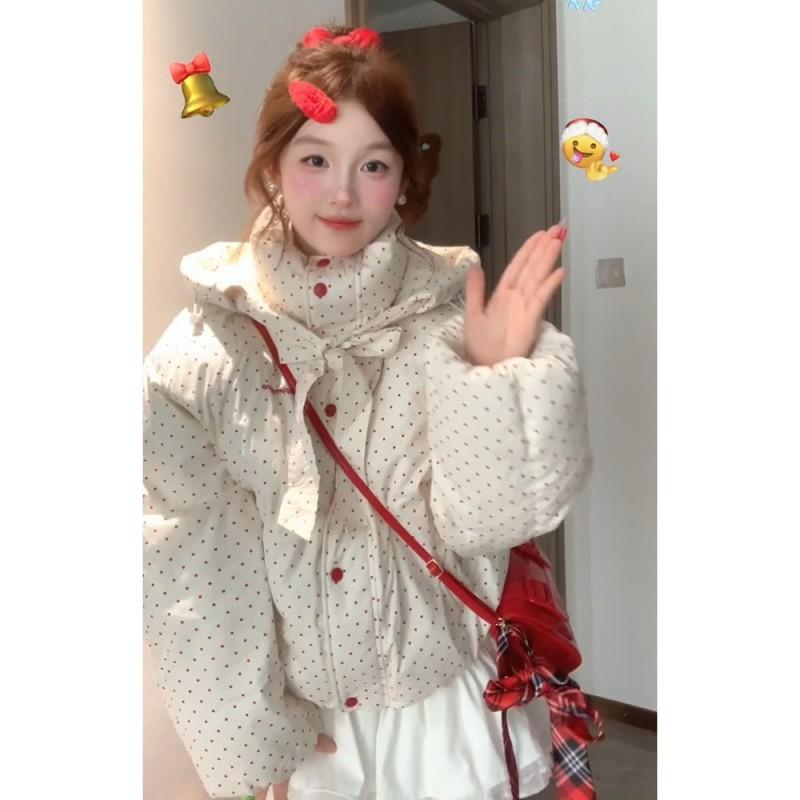 Womens Polka Dot Bow Hooded Cotton Puffer Coat Winter Loose Soft Student Warm Thick Casual Jacket