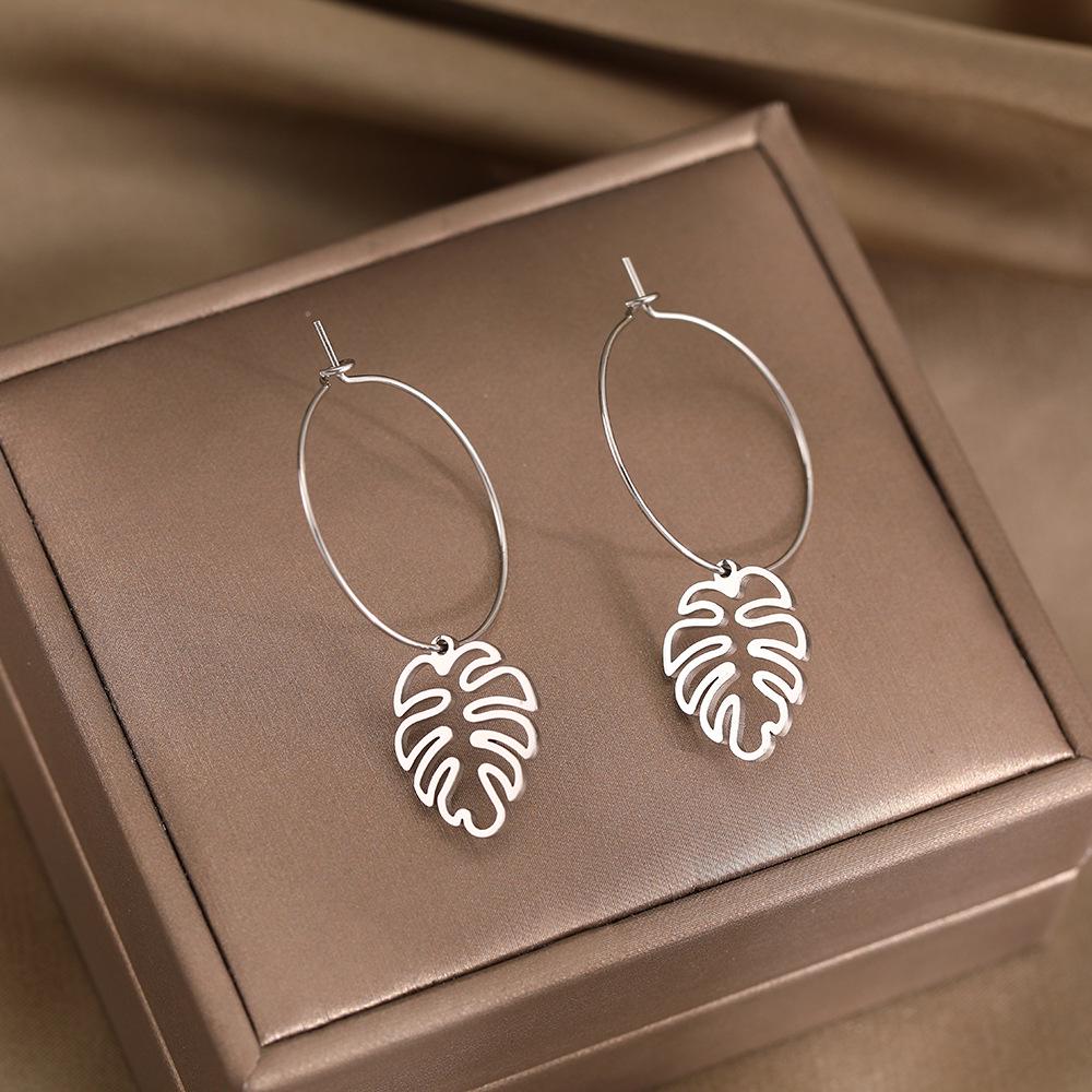 Stainless Steel Hollow Leaf Pendant Earrings - Women s Exaggerated Creative Design.