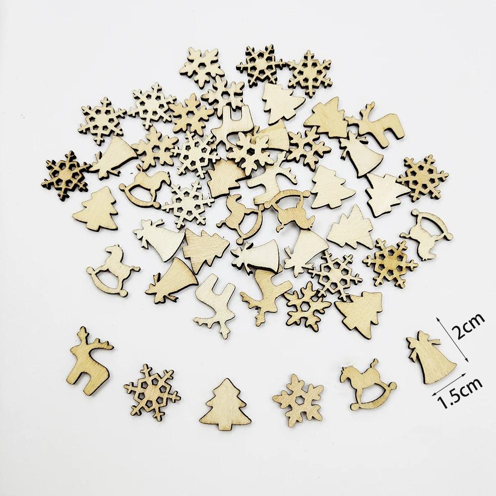 50Pcs Mixed Christmas Wood Chips Christmas Wooden Decoration Snowflake Chips Elk Xmax Tree Ornament Christmas Diy Craft Supplies