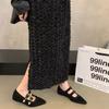 Sapatos Mary Jane de bico fino retrô sapatos de salto único femininos rebites fivela de cinto camurça modelos de outono aumento de altura interna 2025 sapatos de salto único de sola plana