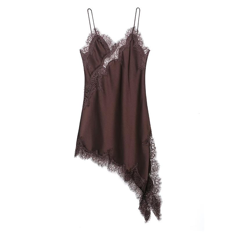 Satin Sexy Lace Spliced Short Sling Dress Women Sleeveless Backless Asymmetric Sexy Party Dresses 2026 Summer Lady Dress S