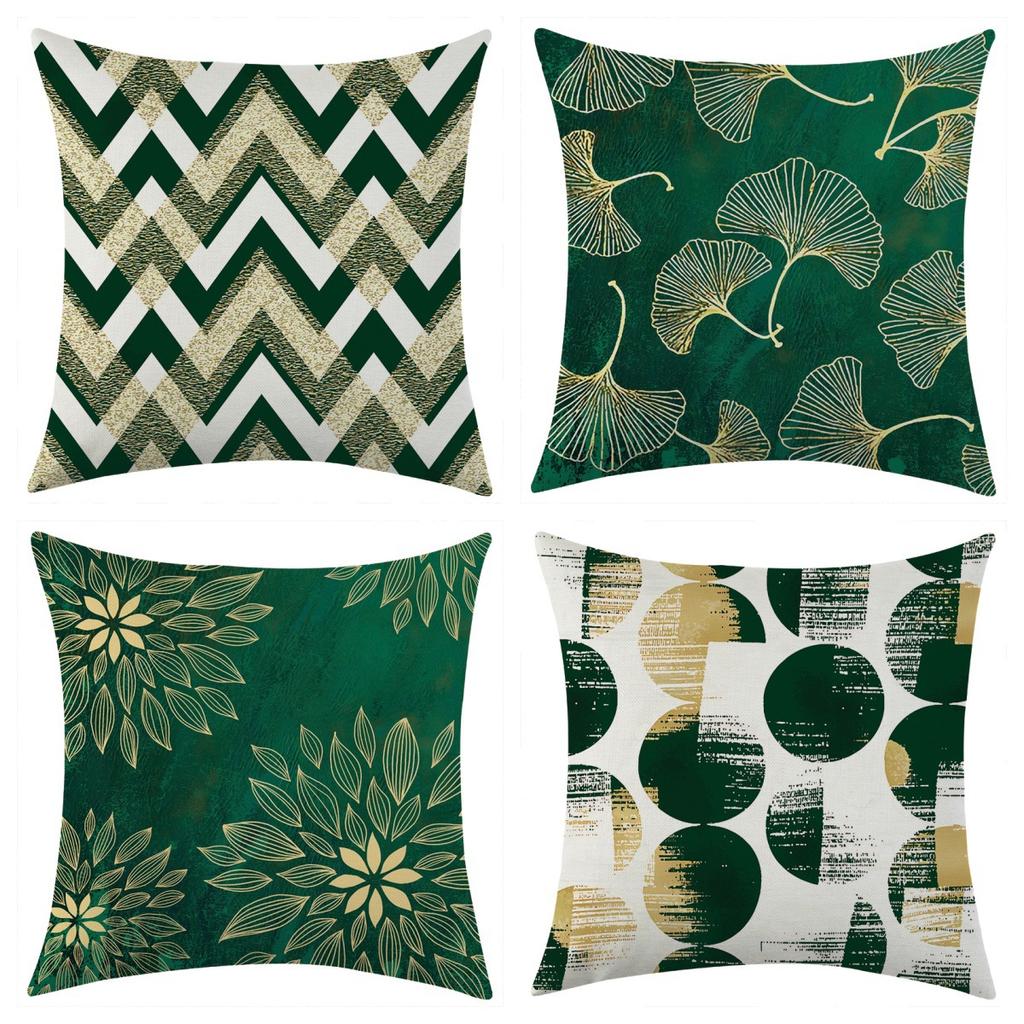 New Green Striped Floral Linen Pillowcase for Holiday Decoration and Car Cushion Cover