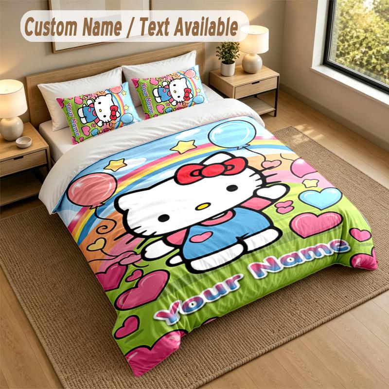 3Pcs Bedding Set Custom Name Text, 1 Sheet 2 Pillowcases Home Bed DecorHello Kitty