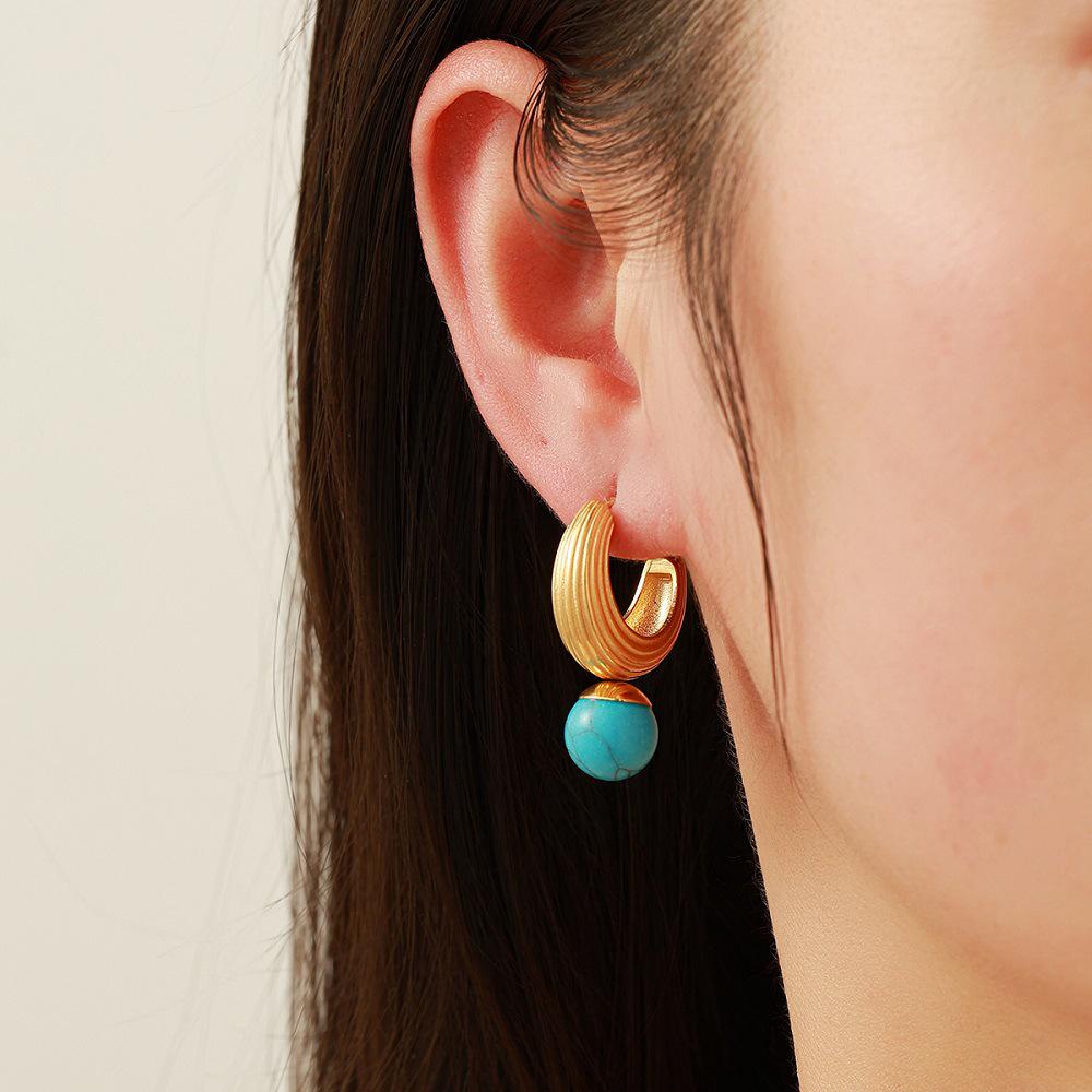 Ying Tai 18k Gold High-Polish Non-Fading Turquoise Stainless Titanium Steel Stud Earrings for Women.