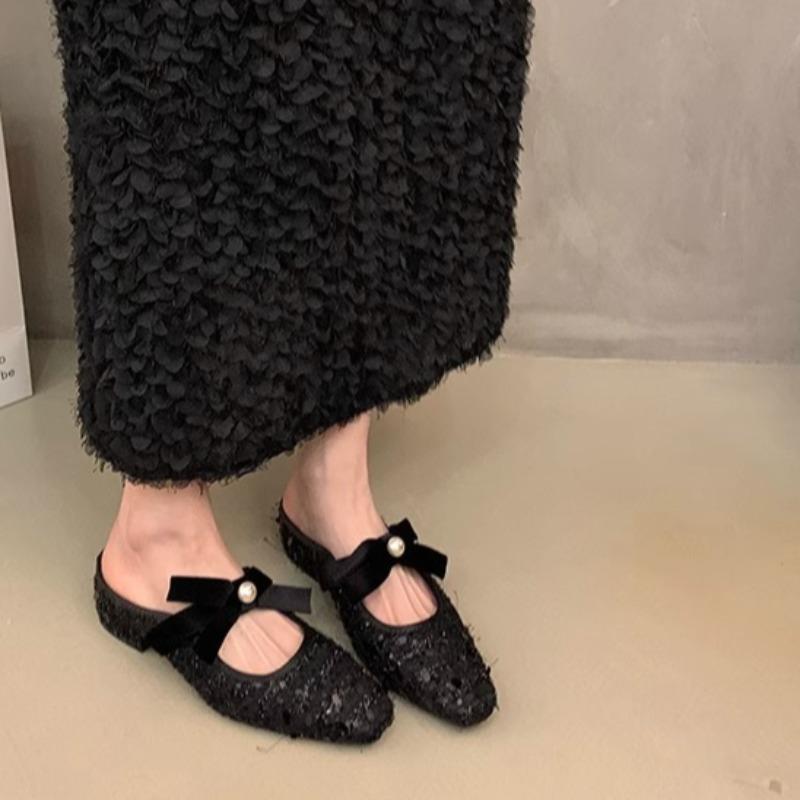 Fashion Fashion Baotou Slippers Spring New Square Head Shallow Mouth Glitter Cloth Butterfly Knot Soft Sole Non-slip Low Heel Shoes