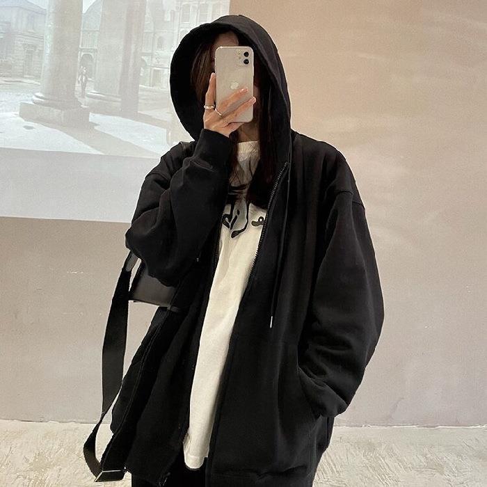 Women’s Loose Fit Hooded Cardigan - Early Autumn Zipper Sweater, Trendy Korean Style for Students.