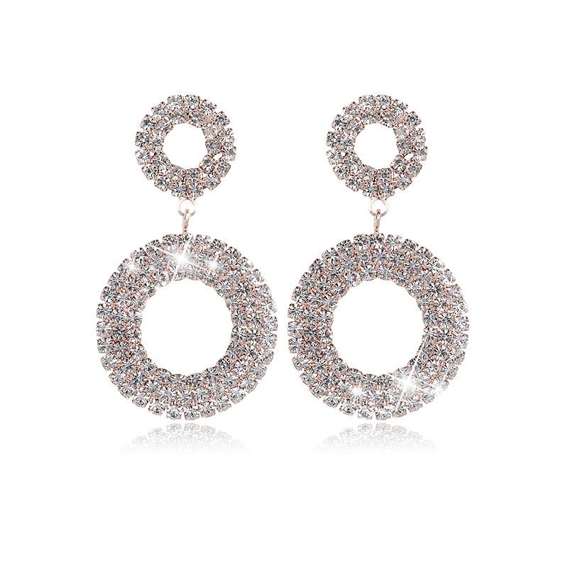 Elegant Rhinestone Geometric Circle Drop Earrings with Claw Chain Studs