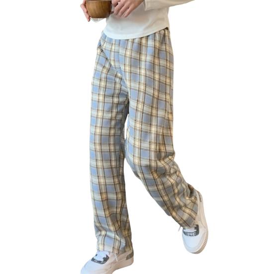 Dámské kalhoty elastický vysoký pas rovný široký kostkovaný potisk Zimní dlouhé kalhoty zesílená sametová podšívka teplé kalhoty