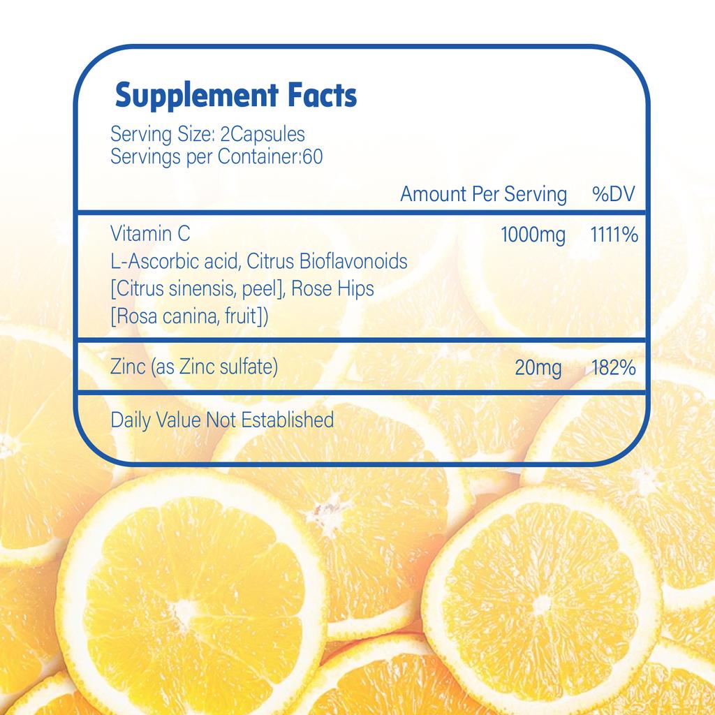 Vitamin C + Zinc Complex Capsules, 1020 Mg Per Serving, High Concentration Ratio, for Adults To Enhance Immunity.