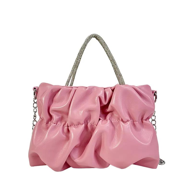 

Luxury Designer Handbag Women Bling Rhinestone Handle Shoulder Bag for Wedding Party Ladies Pleated Small Square Bag