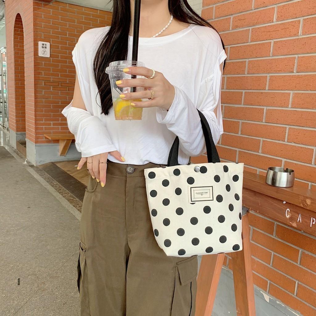 Trendy Polka Dot Canvas Tote Bag Large Capacity Soft Lock Closure