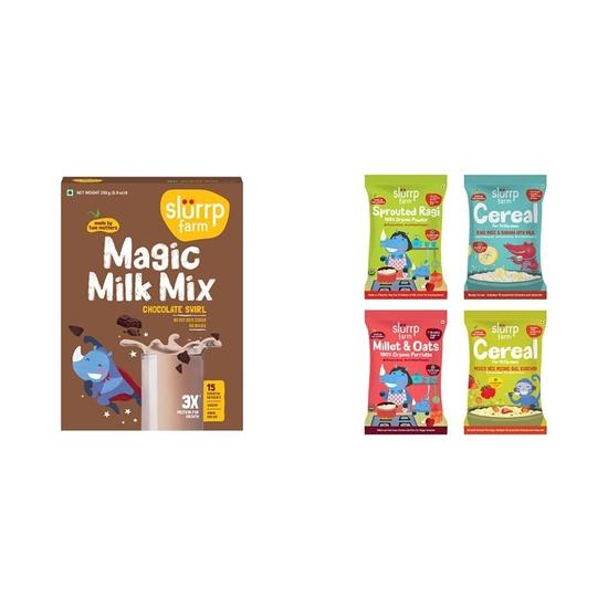 SLURRP FARM High Protein Chocolate Swirl Milk Mix | 250G & No Sugar, No Salt First Foods Trial Pack Combo|50 G*4 200GM