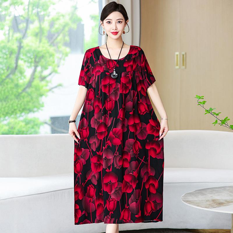 Cotton Silk Dress Women's Summer Large Size Temperament Loose Printing Casual Cotton and Linen Long Skirt