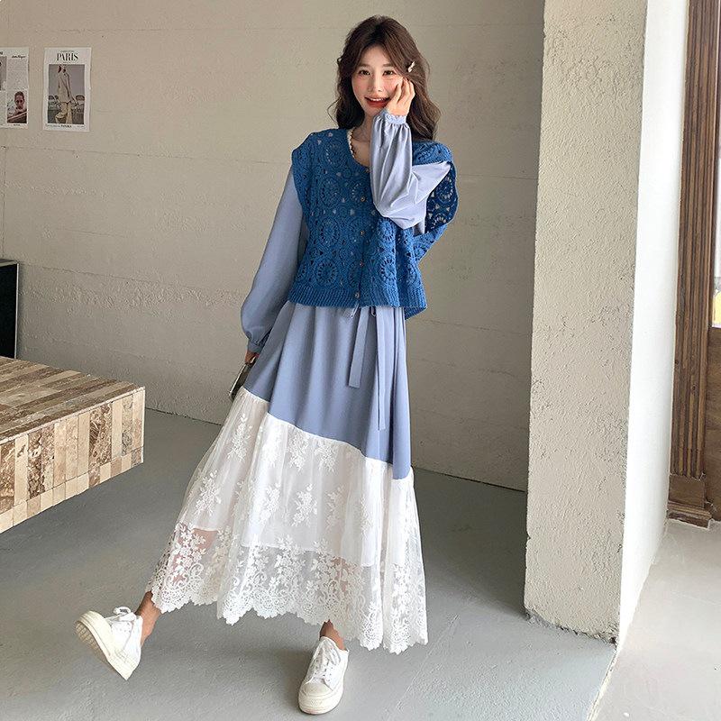 French Lace Patchwork Vest Dress Set - Spring/Autumn 2026 Collection, Sweet Petite Two-Piece Extra Large