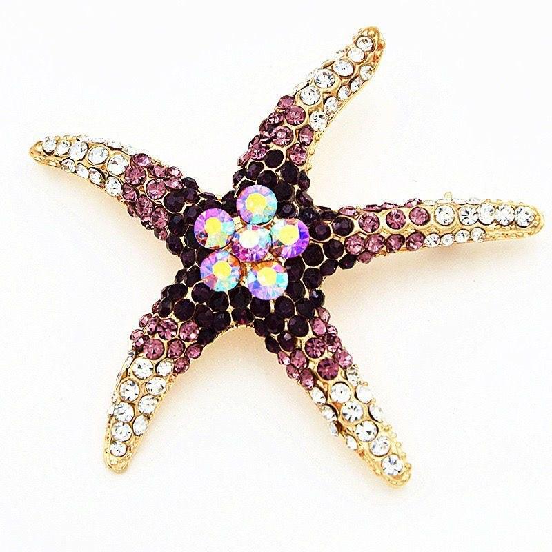 Korean Marine Life Brooch: Starfish & Shell Pin with Metal, Diamond, & Pearl Accents