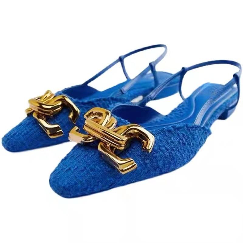 

2025 Spring Newest Brand Women Sandal Fashion Buckle Shallow Ladies Elegant Blue Mules Flat Heel Female Dress Slides Shoe 37