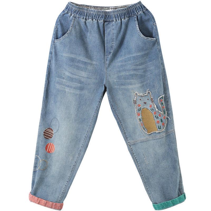 Dámské džíny Jaro/Léto Nová korejská edice Kreslená výšivka Záplata Devítibodové kalhoty Haremky