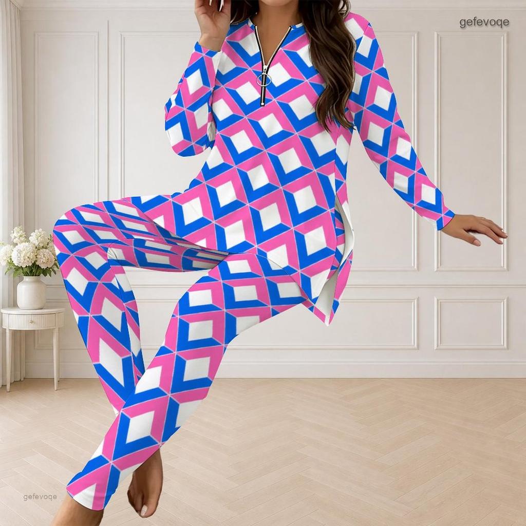 Women Plus Size Printed Half Zip Long Sleeve Longline Top And Fitted Pants Two Piece Set