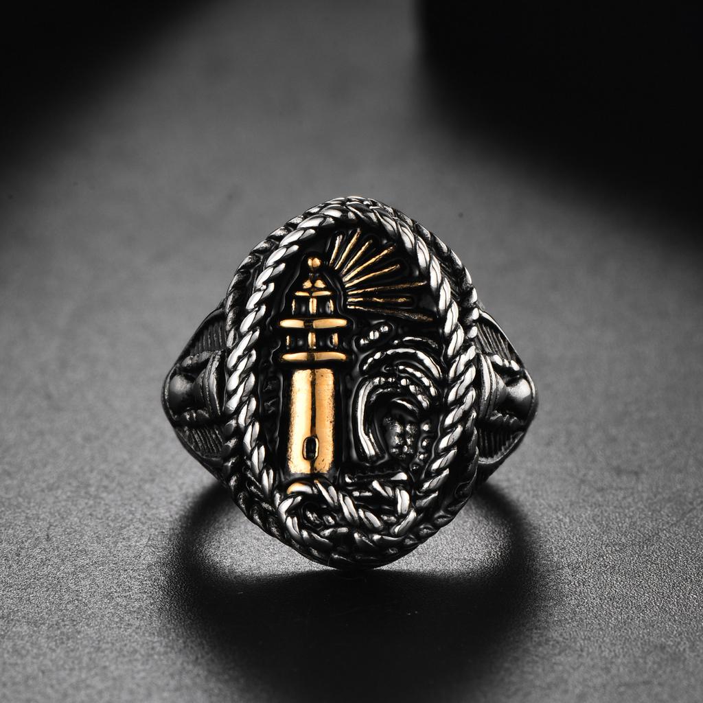 Titanium Steel Men'S Retro Ring, Personalized Versatile Stainless Steel Simple Lighthouse Ring, Collapsed Jewelry