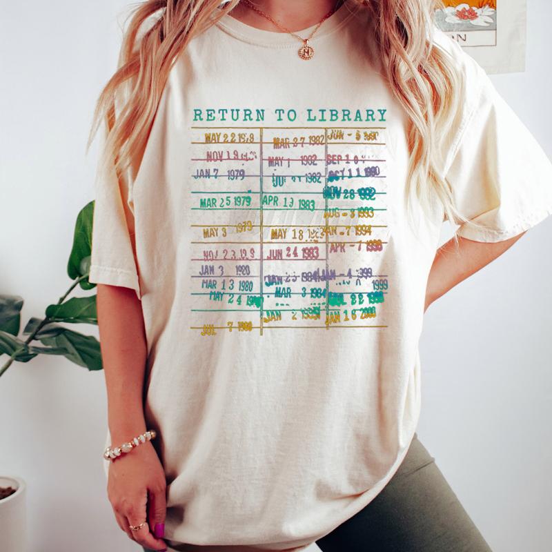 Library Book Classic Tops Vintage Book Due Date Bookish Rainbow Reading TShirt Return To The Library Graphic Womens Clothing