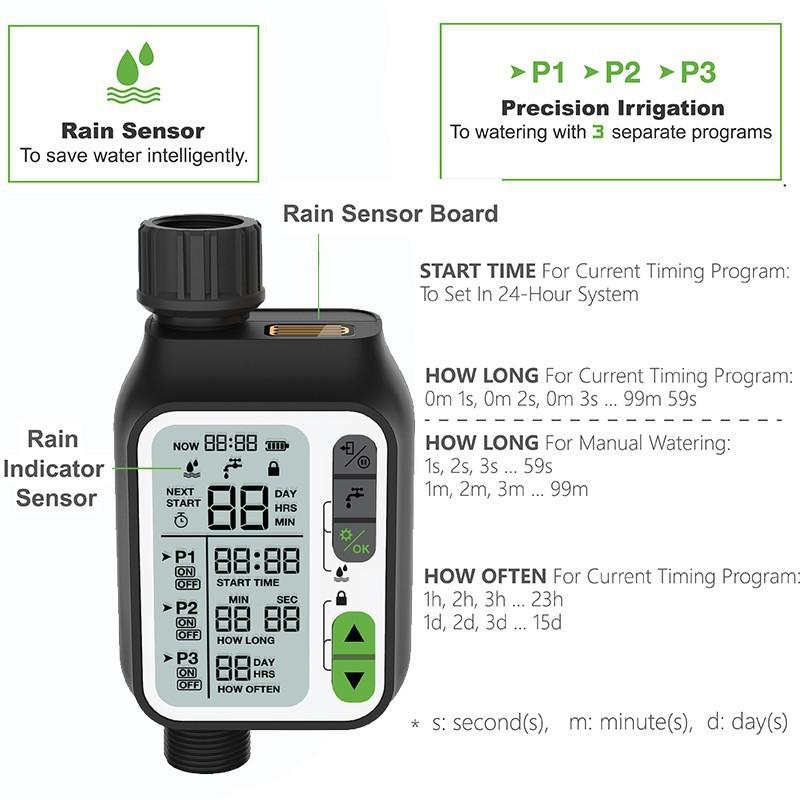 Temporizador de Riego Impermeable Controlador Automático de Temporizador de Riego con Sensor de Lluvia Sistema de Riego Inteligente para Jardín