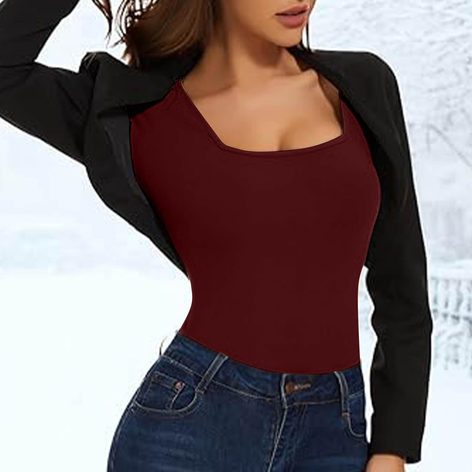 

Women s Fashion Casual Long-Sleeved Knit Top With Fleece , Square Neck, Solid Color, Slim Fit, Elastic Top L винный