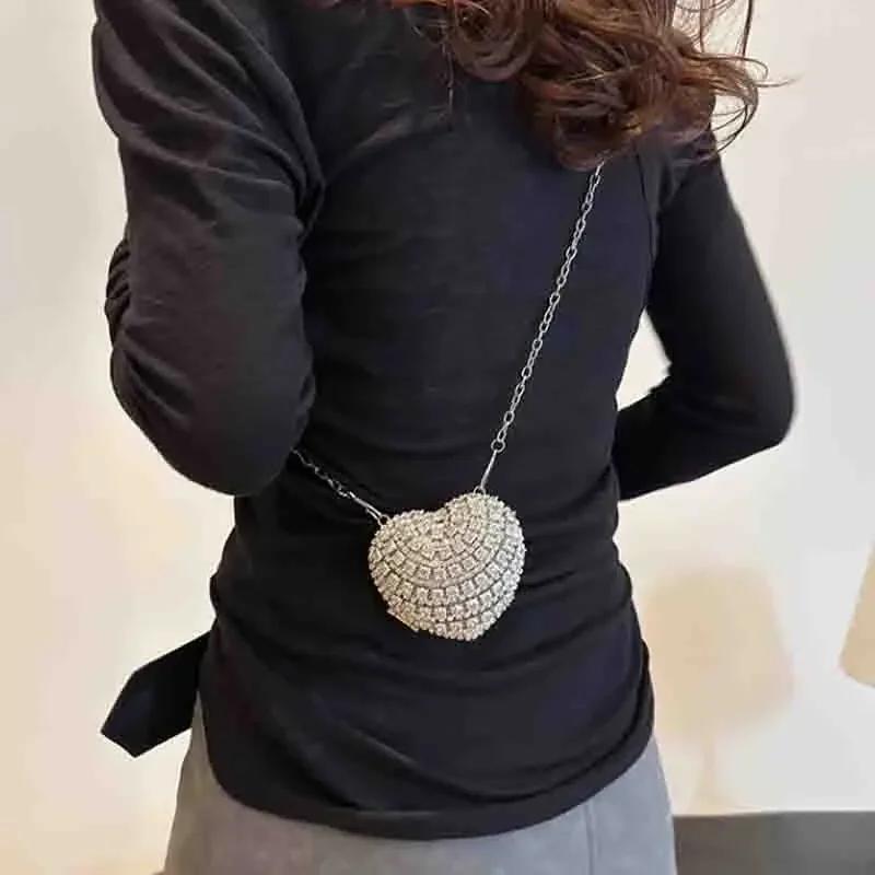 Mini Diamond Inlay Heart Shape Crystal Clutch Purse Stones Evening Wedding Party Shoulder Bag Handle Rhinestone Handbags