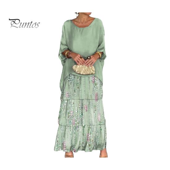 Abendkleid, mehrlagiges, verstreutes Kuchensaum, Kontrastfarbdruck, Maxikleid mit halblangen Ärmeln, Fledermausärmeln, weites Chiffonkleid mit Rundhalsausschnitt für Party und Abschlussball