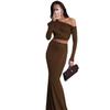 Fashion 2025 New Arrival Fashion Shoulder-Baring Long Sleeve Slim-Fit Top Skirt Suit Sheath Fishtail Dress Two-piece Set